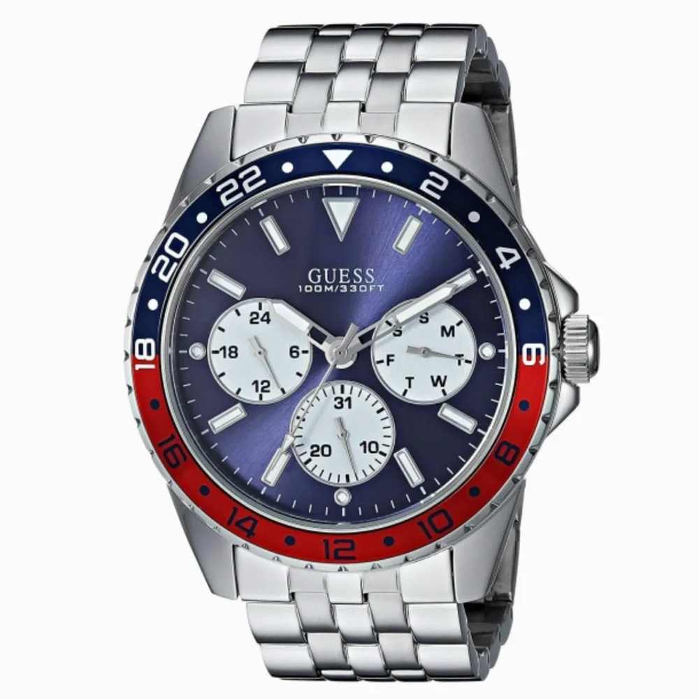 Guess Waterpro Men's Silver Tone Multifunction Watch U1107G2 Red Blue